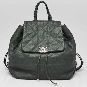 Chanel Dark Green Quilted Leather Caviar Leather Braided with Style Backpack Bag